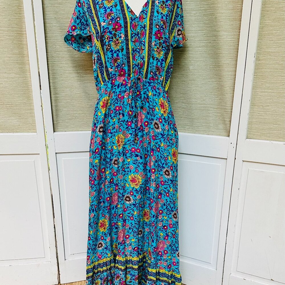 Floral Boho Maxi Dress Turquoise Flutter Sleeve Tie Waist Temofon Large